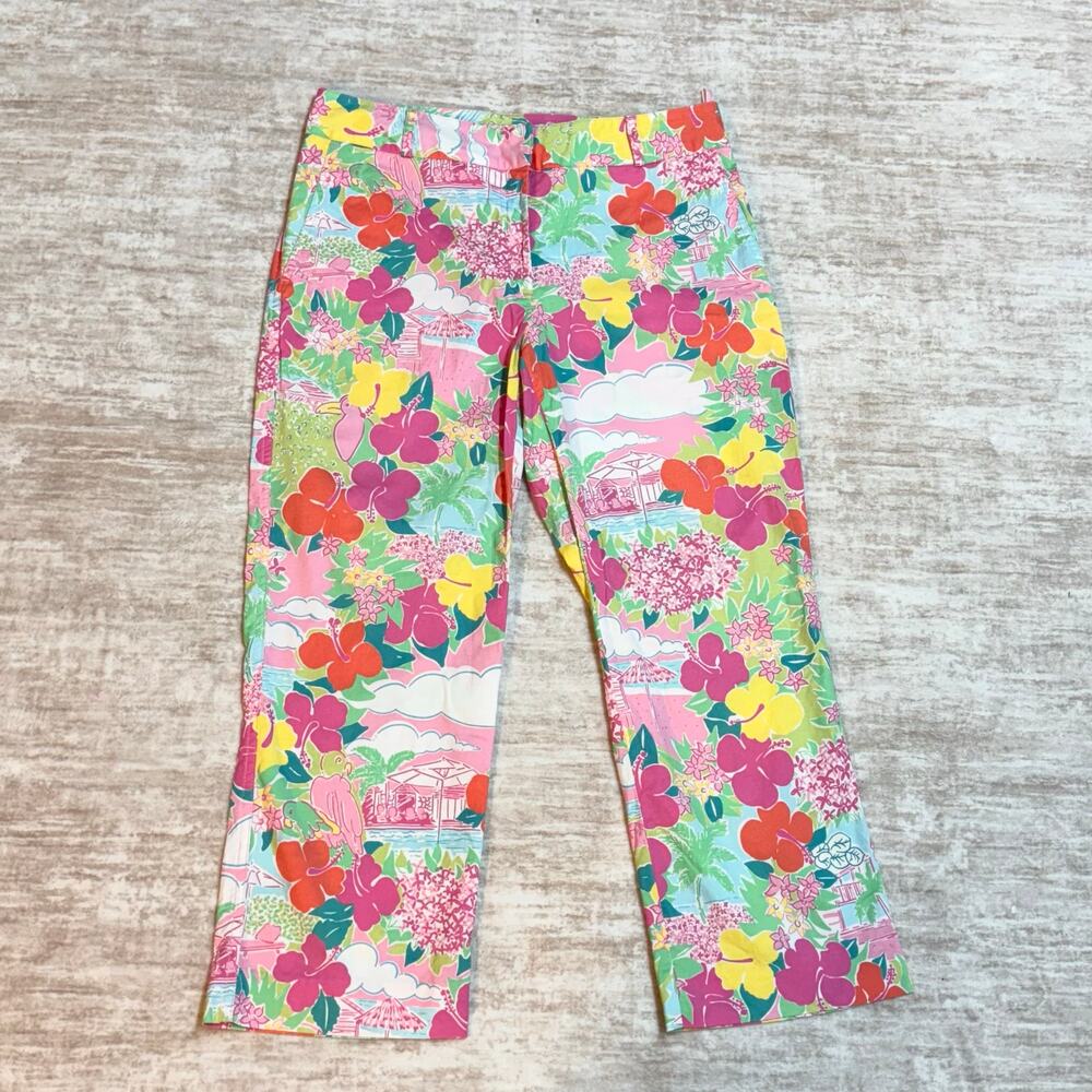 Lilly Pulitzer Women’s 8 Cotton Blend Pink Green Floral Tropical Print Pants